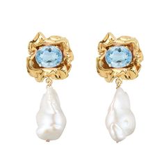 Description The Lola Pearl Drop Earrings feature baroques pearls suspended from rose cut crystals in a ruffled gold setting. Why You'll Love It These earrings are both classic and modern– their unique shapes and glassy crystals add just the right amount of sparkle. Part of our Bridal Edit, the aquamarine crystals add a delicate touch of something blue. Details 14k gold-plated Freshwater baroque pearl– each pearl is unique Glass crystal Post back and butterfly fastening Approximately 1.5" (4cm) d Luxury Blue Pearl Earrings For Formal Occasions, Luxury Graceful Pearl Drop Earrings, Luxury Pearl Drop Statement Earrings, Luxury Chic Drop Pearl Earrings, Luxury Bohemian Pearl Drop Earrings, Luxury Pearl Drop Earrings For Statement Jewelry, Luxury Gemstone Pearl Earrings For Parties, Luxury Baroque Pearl Earrings For Party, Bohemian Luxury Pearl Drop Earrings