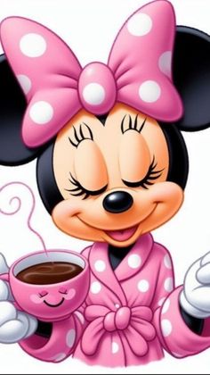 a minnie mouse holding a cup of coffee