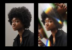 two different pictures of a woman with an afro hairstyle and black shirt, one is looking at the camera