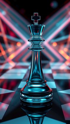 a glass chess piece on a black and white checkerboard floor with lights in the background