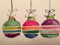 three christmas ornaments hanging from strings painted in watercolor on white paper with black ink