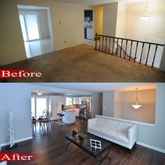 before and after pictures of a living room with hard wood flooring, white couches and stairs