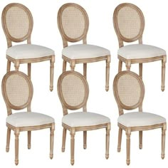 six chairs with white upholstered back cushions