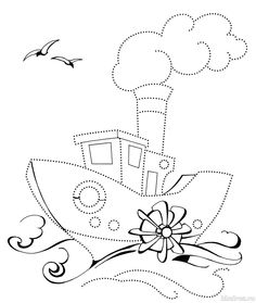 a boat with a bow on it and birds flying in the sky behind it coloring page