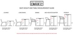 the chair and table measurements guide for each piece of furniture, including two stools