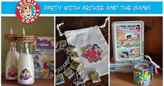 there are pictures of various items on the table with words party with archie and the gang