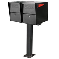 two black mailboxes with red light on each side and one in the middle