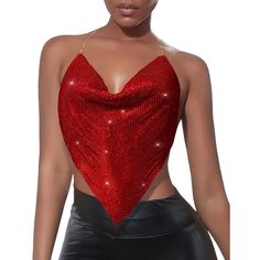 Red Sequined Metal Chains Halter Camisoles Red Fitted Tank Top For Party, Red Sleeveless Tank Top For Club, Glamorous Red Sleeveless Top, Red Sleeveless Tops For Party Season, Red Tank Top For Summer Clubbing, Glamorous Red Top For Club, Red Summer Tank Top For Club, Red Tank Top For Evening, Red Sleeveless Tank Top For Evening