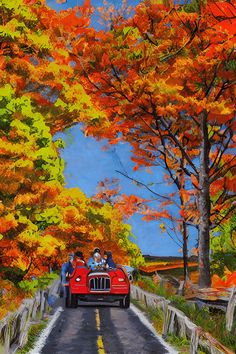 a painting of two people in a red convertible driving down a country road with fall foliage