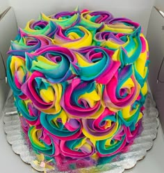 there is a cake that has been decorated with multicolored icing on it