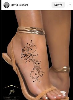 a woman's foot with an owl and butterfly tattoo on it