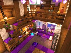 the interior of a house in minecraft with purple furniture and decorations on the walls