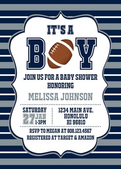 "Football Baby Shower Invitation, NFL Baby Shower Invitation, Boy Baby Shower Invitation, Baby Sprinkle, Customize Printable Invitation, C65 Personalized Invitation - We will edit and send the file to your email within 12-24 hours. * This is a digital file, No physical item will be shipped * Size: Single Side 4x6 or 5x7 inches * High resolution 300ppi * JPG file (if bleed or PDF 2-up on 8.5\"x11\" is preferred, please specify at checkout) * All wording on this sample can be changed (Design & Espn Baby Shower Theme, Dallas Cowboys Baby Shower, Football Baby Shower Invitations, Cowboy Baby Shower Invitations, 2nd Pregnancy, Shower Checklist, Green Bedrooms, Deer Baby Shower Invitations, Baby Shower Checklist