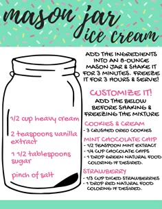 the mason jar ice cream recipe is shown with instructions for how to make it in minutes