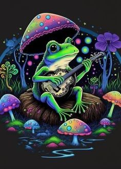 a frog with a guitar and mushrooms in the background