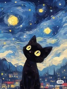 a painting of a black cat looking up at the night sky