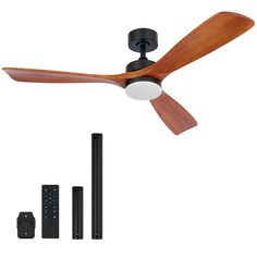 a ceiling fan with three wooden blades and one light on the blade is attached to an electronic device