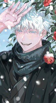 an anime character with white hair and blue eyes is surrounded by red flowers in the snow