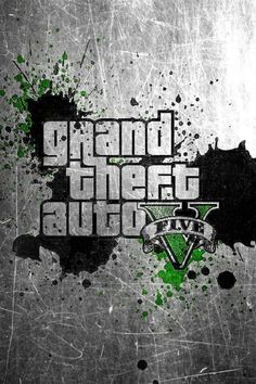 the logo for gta v is shown in green and black paint splatters