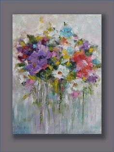 an abstract painting of colorful flowers in vases