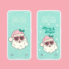 two iphones with santa claus on them, one has heart shaped glasses and the other has