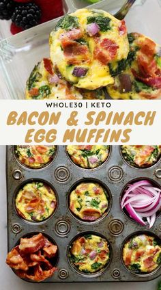 egg muffins with bacon and spinach on top in a muffin tin