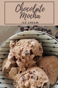 three scoops of chocolate mocha ice cream on a plate