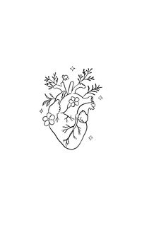 a black and white drawing of a heart with flowers on its side, surrounded by leaves