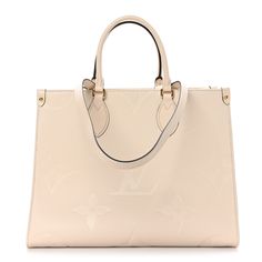 This is an authentic LOUIS VUITTON Empreinte Monogram Giant Onthego MM in Creme. This limited edition tote is crafted of oversized Louis Vuitton monogram print embossed on ivory calfskin leather. The bag features rolled leather top handles, long strap handles, and gold-tone hardware. The top is open to a spacious ivory microfiber interior with pocket. The top can be secured across with a hook claps closure. Onthego Mm, Fake Designer Bags, Louis Vuitton Empreinte, Monogram Prints, Hermes Bag, Leather Top, Authentic Louis Vuitton, Louis Vuitton Monogram, Calf Skin