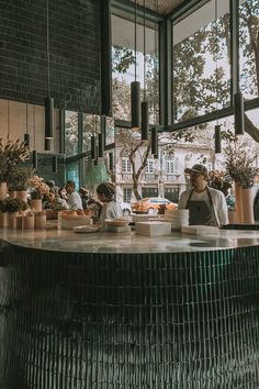 people sitting at a table in a restaurant with plants and potted plants on the counter