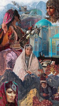 the collage shows women in traditional dress and headdress, with mountains behind them