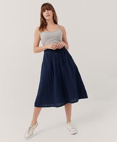 Women’s The Coastal Button Front Skirt made with Organic Cotton | Pact Button Front Skirt, Organic Cotton Dress, Chambray Shirt, Chunky Sweater, Sustainable Clothing, Summer Wardrobe, Cotton Dresses, Fair Trade, Dress Skirt