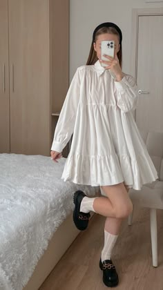 Babydoll Dress Over Jeans Outfit, White Dress Outfit Winter, Tent Dress Outfit, Aliexpress Outfits, Engagement Party Outfit Guest, Korean Fashion Aesthetic, Dress With Shirt, Korean Clothes, Shirt Dress Outfit