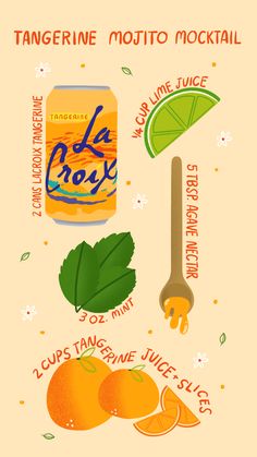 the ingredients for tangerine mojito cocktail are shown in this graphic style illustration