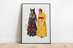 an illustration of two people dressed in traditional chinese clothing, standing next to each other