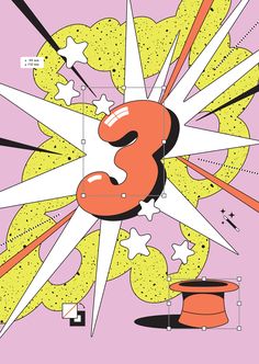 an image of a poster with the number three in it's center, surrounded by stars and shapes