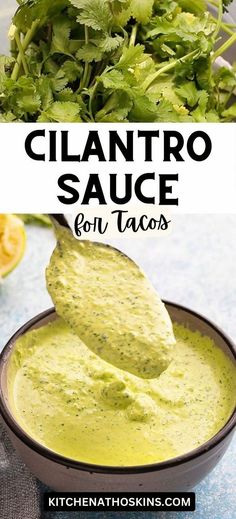 cilantro sauce in a bowl with a spoon full of guacamole