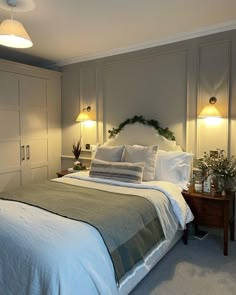 a bedroom with a large bed and two lamps on either side of the headboard