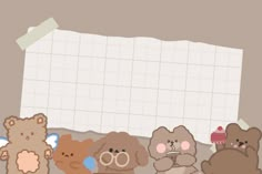 there are four teddy bears standing together in front of a blank sheet of paper that is taped to the wall