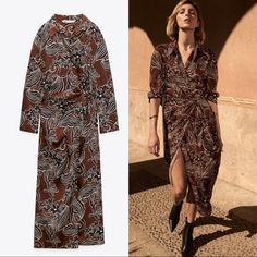 Brand New With Tags. Midi Length Shirt Dress For Fall Vacation, Elegant Brown Printed Dress, Chic Beach Shirt Dress For Fall, Elegant Fall Beach Shirt Dress, Elegant Shirt Dress For Beach In Fall, Brown Printed Long Sleeve Maxi Dress, Printed Long Sleeve Brown Maxi Dress, Brown Long Sleeve Printed Maxi Dress, Brown Printed Dress For Fall