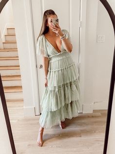 Tiered Ruffle Dress Layered, Tulle Wedding Guest Dress, Tiered Bridesmaid Dress, Green Tiered Dress, Tiered Tulle Dress, Long Ruffle Dress, Sage Green Maxi Dress, Midi Dress Layering, Fall Wedding Outfits