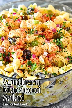 Southern Macaroni Salad with black olives, sweet pickles, and celery in a glass bowl. Mexican Macaroni Salad Recipe, Gherkin Pickles, Homemade Macaroni Salad, Macaroni Salad Ingredients, Great Salad Recipes, Easy Macaroni Salad, Classic Macaroni Salad, Best Macaroni Salad