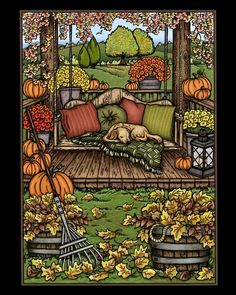 a painting of a porch with pumpkins and flowers