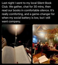 an open book sitting on top of a table next to a wine glass and candle