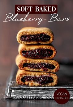 soft baked blueberry bars stacked on top of each other