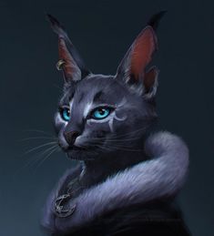 a painting of a cat with blue eyes and fur on it's back legs