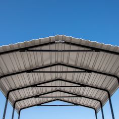 an empty covered parking lot under a clear blue sky