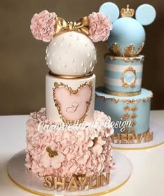 two cakes with pink and blue designs on them, one is shaped like a mouse