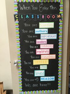 a classroom door decorated with colorful writing on the front and back doors for class rooms