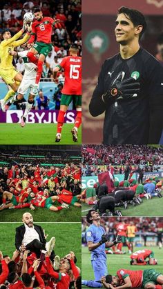 several different pictures of soccer players on the field and in the stands, with one player jumping up to his head